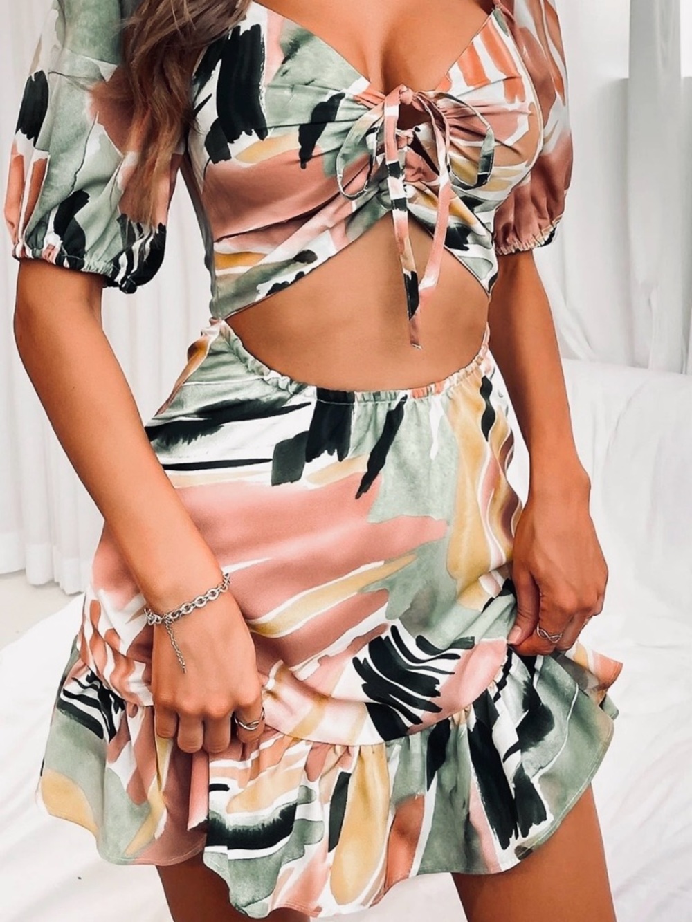🍏 Abstract Cutout Tie-Front Mini Dress in Pink, Green & Cream summer is Here!